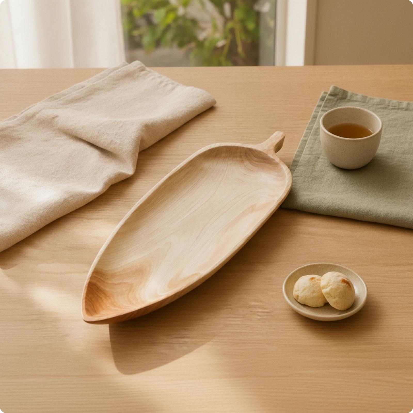 Food Platter Snacks - Elegant Beech Wood Serving Tray Leaf