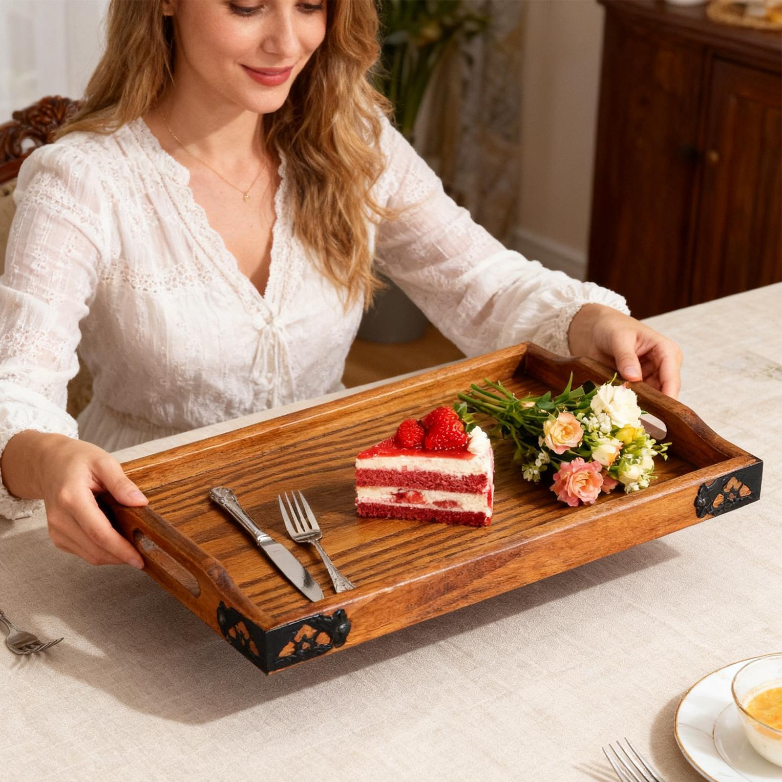Wooden Serving Tray with Handl - Food Platter Snacks 评论和价格